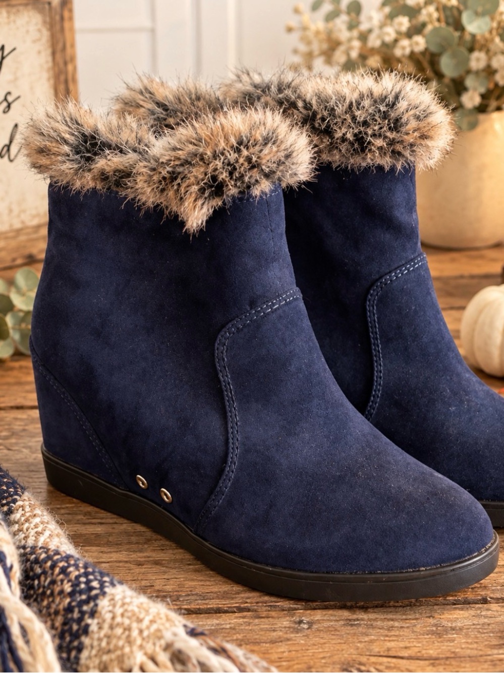 JustFab Navy Faux Suede Wedge Ankle Boots with Faux-Fur Collar